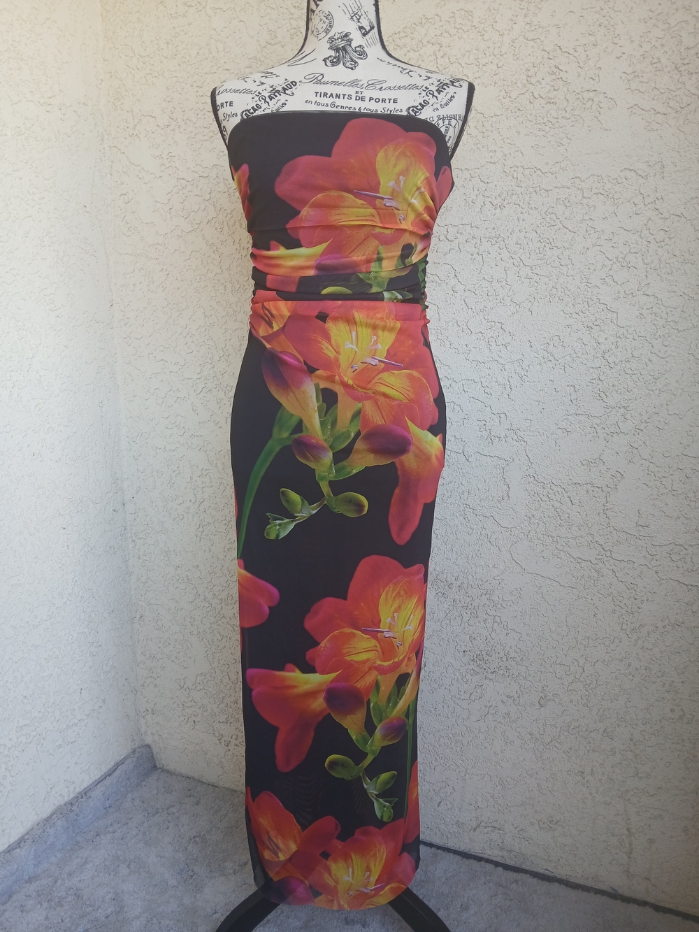 Zara Black Strapless Maxi Dress with Orange Floral Print